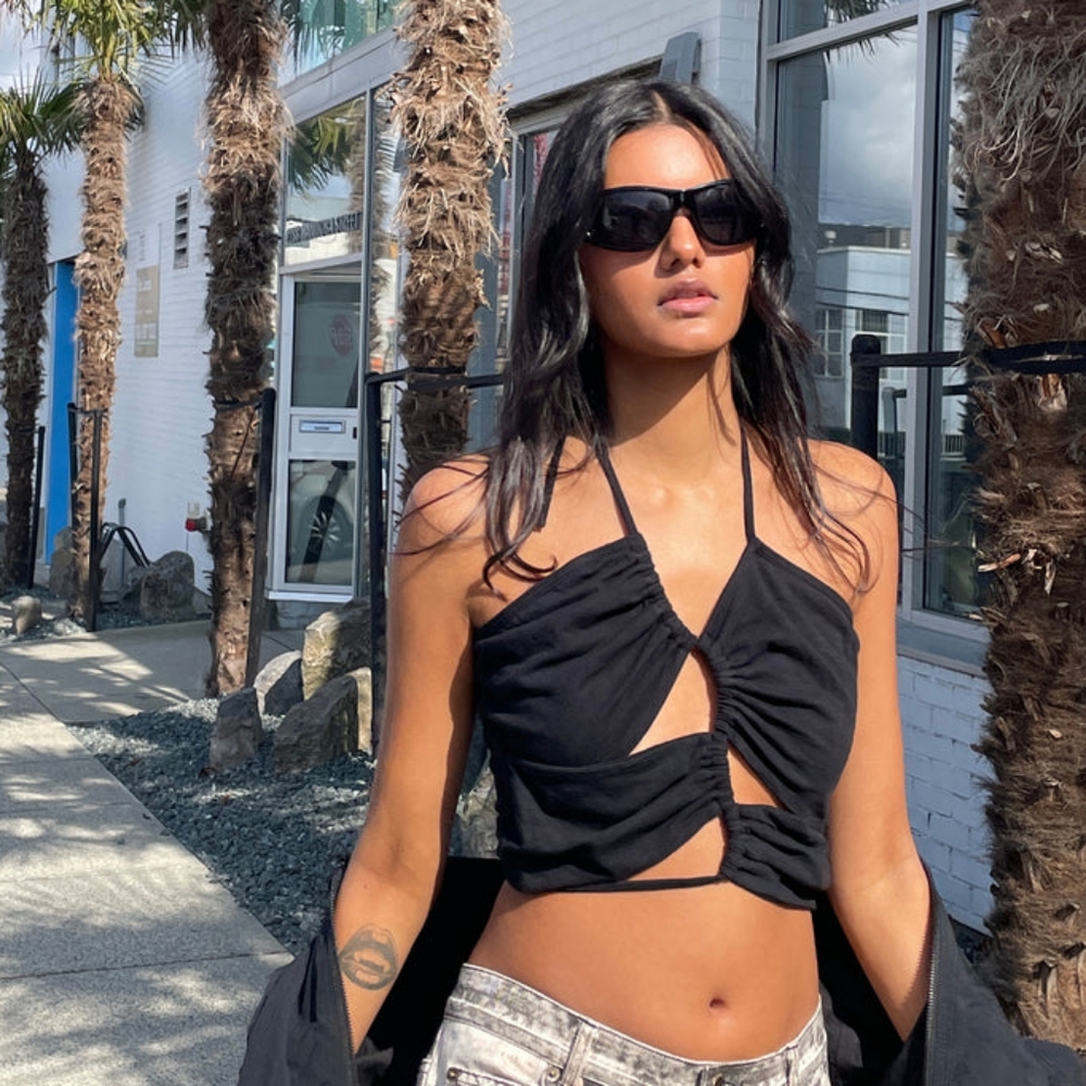 Oak + Fort Black Cotton Cut Out Halter Tank Top Size Small